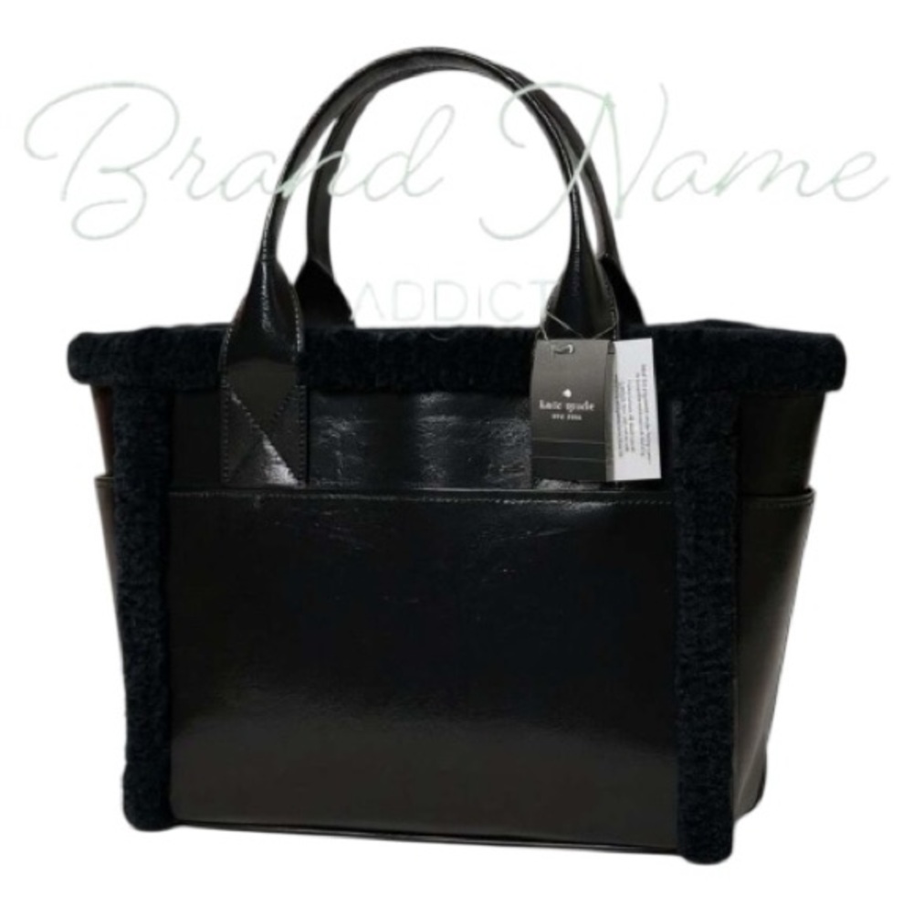 NWT Kate Spade Large 17” Jett Black Faux Shearling Patent Leather Tote Bag - Picture 2 of 6